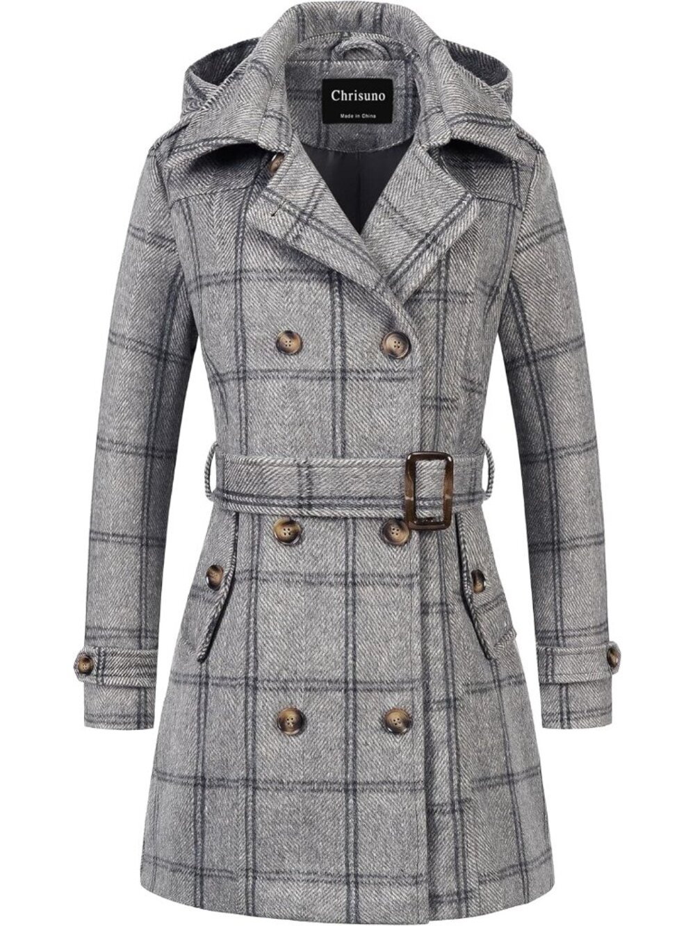Women's Grey Plaid Detachable Hood Double Breasted Belted Mid-Length Trench Coat
